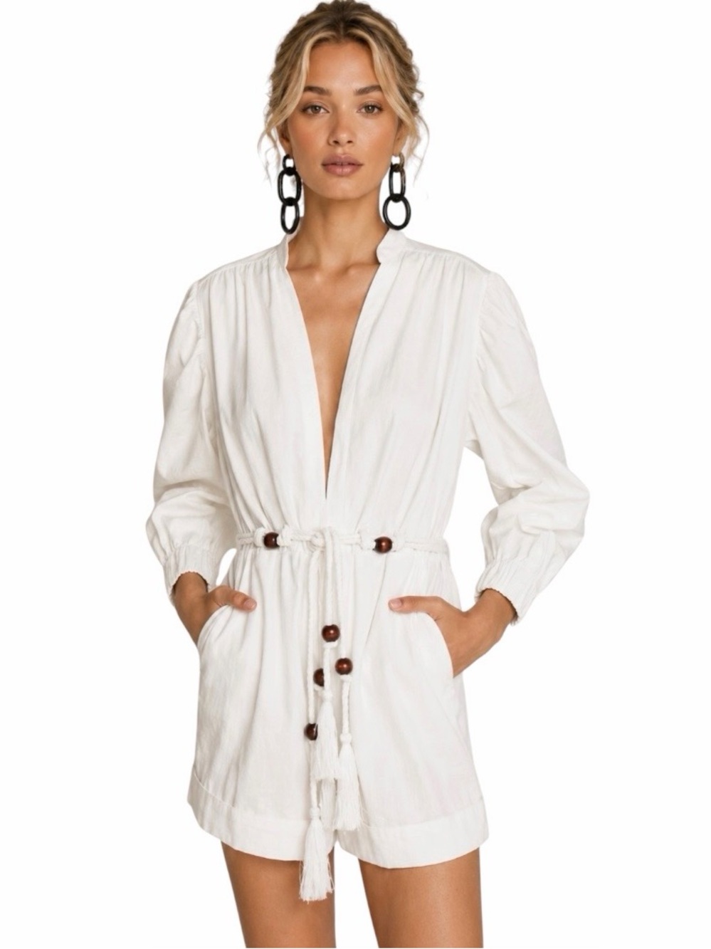 White V-Neck Long Sleeve Romper with Tassel Drawstring XS NWT